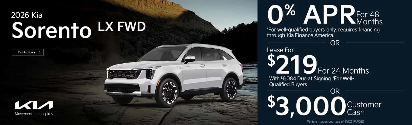 0% APR For 48 Months *For well-qualified buyers only, requires financing through Kia Finance America. -OR- Lease For $219 Per Month For 24 Months With $6,084 Due at Signing *For well-qualified buyers. -OR- $3,000 Customer Cash