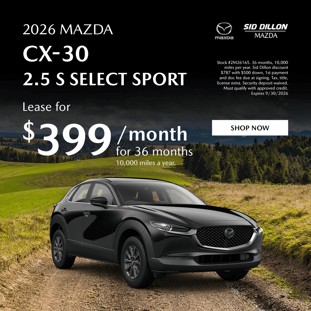 Black 2026 Mazda CX-30 2.5 S Select Sport AWD available to lease for $399 per month in Fremont