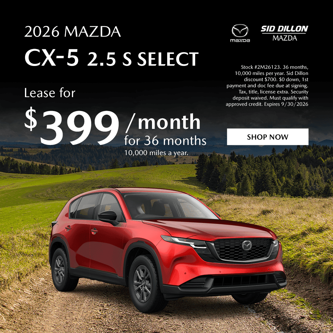 Red 2026 Mazda CX-5 2.5 S Select AWD available to lease for $399 per month in Fremont