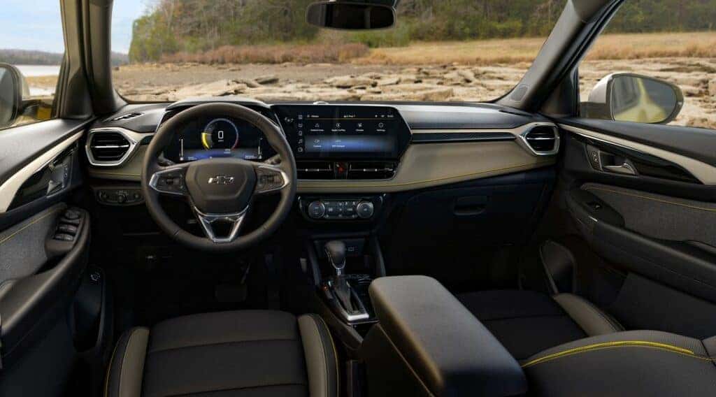 View of front cabin in 2024 Chevrolet Trailblazer ACTIV with Jet Black with Artemis interior. Preproduction model shown. Actual production model may vary. Available in fall 2023.
