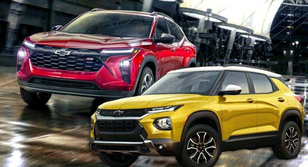 Chevrolet Trax and Chevrolet Trailblazer Comparison Red Tracks on a racetrack and yellow trailblazer parked beside
