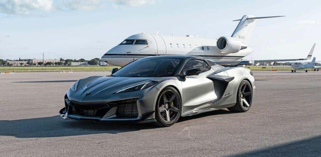 Chevrolet Corvette Z06 Parked Front 3/4 View in a Plane Runway