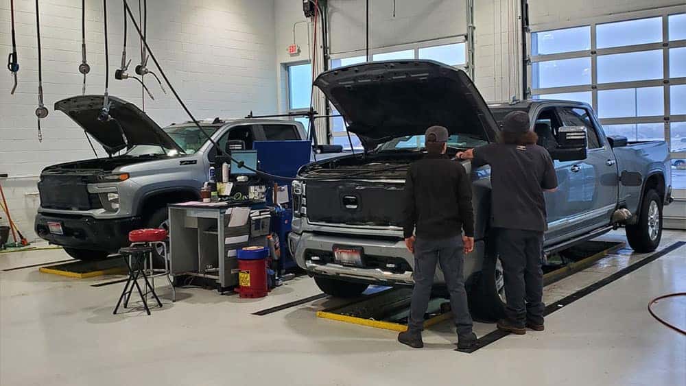 Two trucks in for $59.95 oil changes at the Twin Falls Chevrolet Express Service Department, in Twin Falls, Idaho.