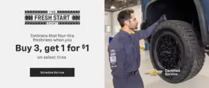 Buy 3 tires, get 1 for $1 - Eligible tire brands are Goodyear, Dunlop, Bridgestone, Firestone, Continental, General, Hankook, Kelly, Pirelli, Uniroyal. Purchase and installation must be at a participating U.S. GM Dealer. See dealership for tire pricing, savings vary by dealership and tire. Lowest or equal value tire will be $1. Maximum consumer purchase price of $450 per tire. Additional taxes and fees may apply. Offer subject to availability and may change at any time. Limit one offer per VIN. No other offers apply, except GM Tire Price Match Guarantee (Restrictions apply. Eligible price must be provided at the time of purchase. At participating dealers only. Visit Chevy.com/tires for details.). Offer ends 5/31/2025.