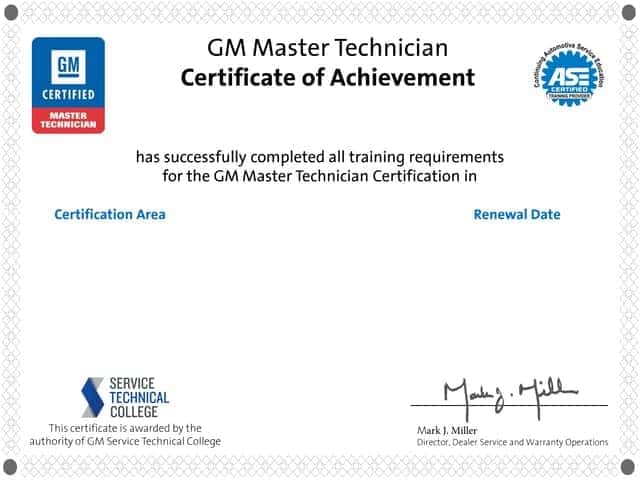 GM Master Technician Certificate of Achievement