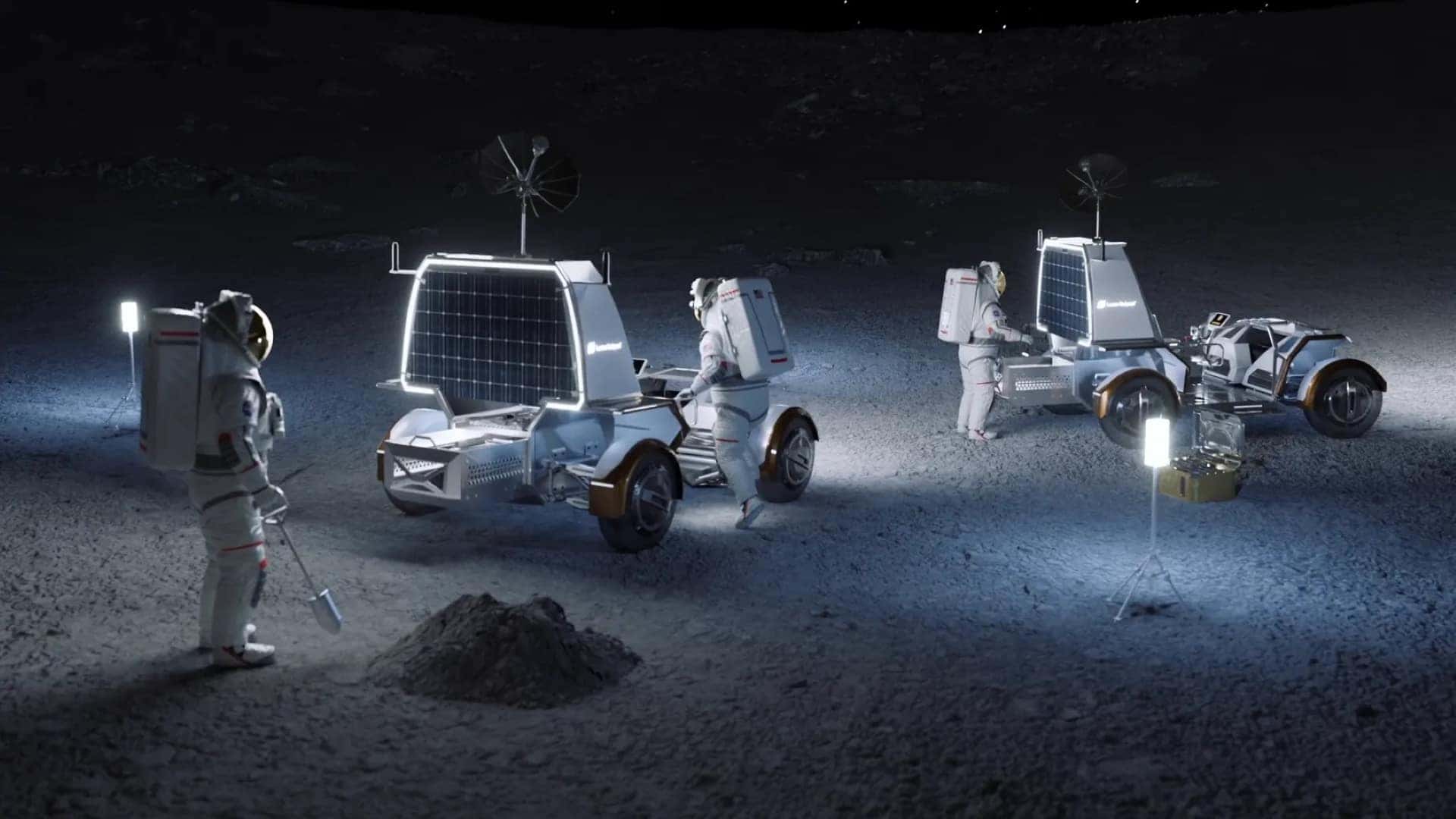 Concept Art Of The Astronauts Using Pegasus, A Lunar Mobile Vehicle Being Developed With General Motors, NASA, and More
