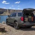 2026 Chevrolet Tahoe with liftgate open at Dierkes Lake Park near Twin Falls, Idaho, summer canyon outing